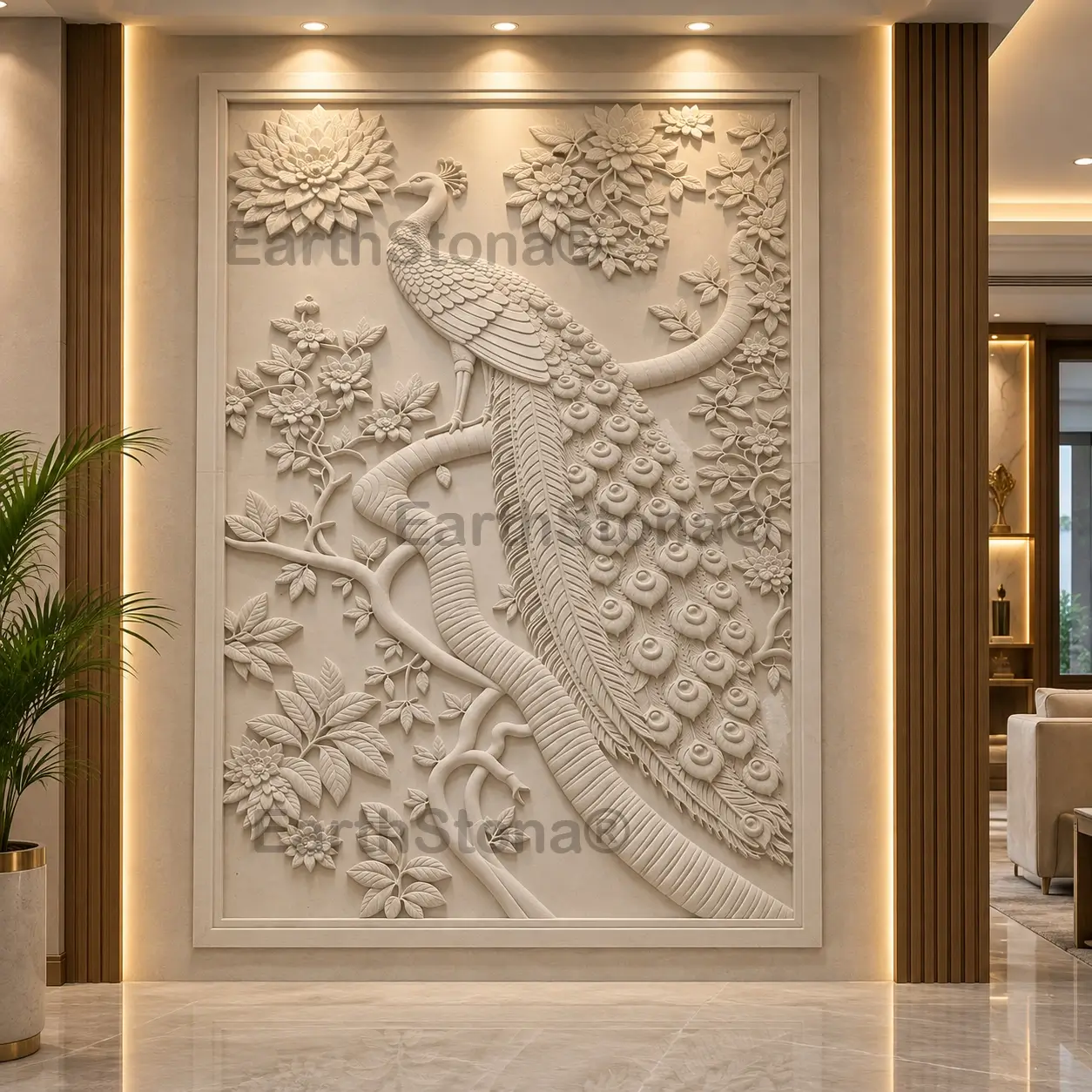 Royal peacock and floral 3D carved stone wall mural by EarthStona for a luxury interior